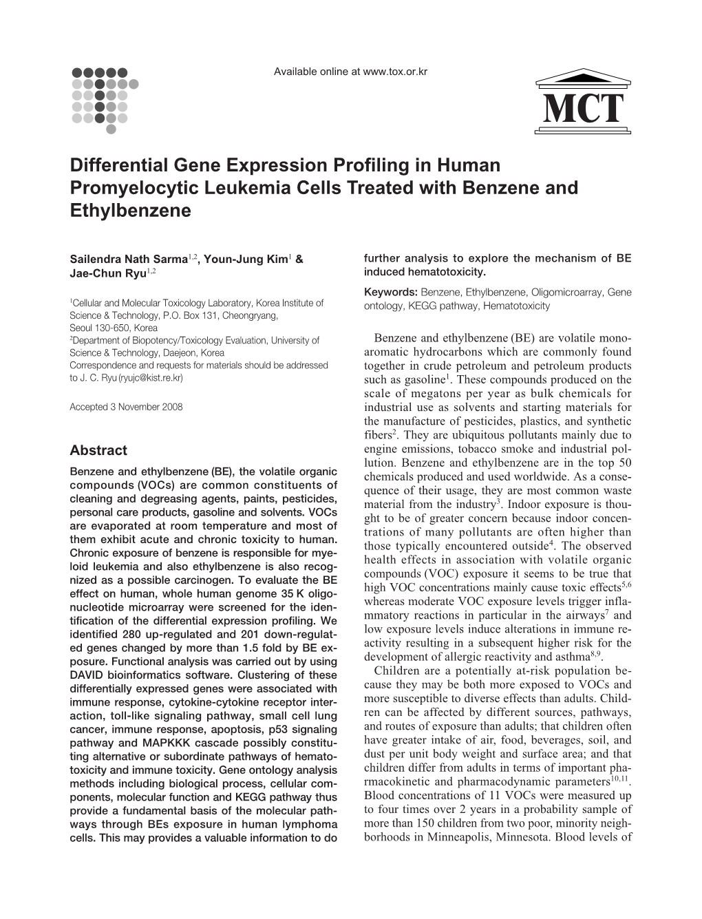 Differential Gene Expression Profiling in Human Promyelocytic Leukemia Cells Treated with Benzene and Ethylbenzene