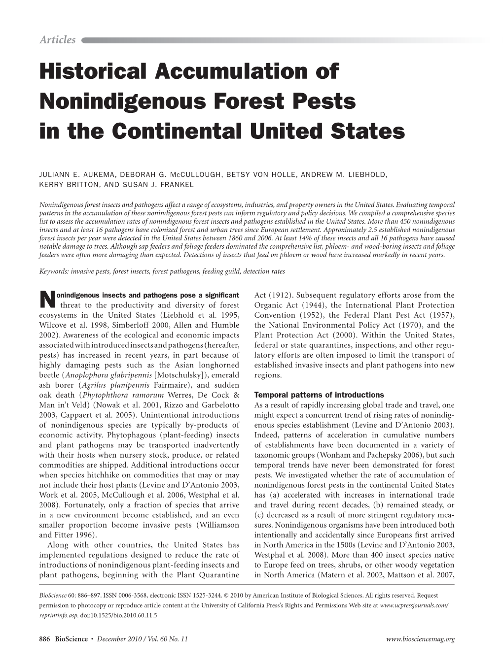 Historical Accumulation of Nonindigenous Forest Pests in the Continental United States