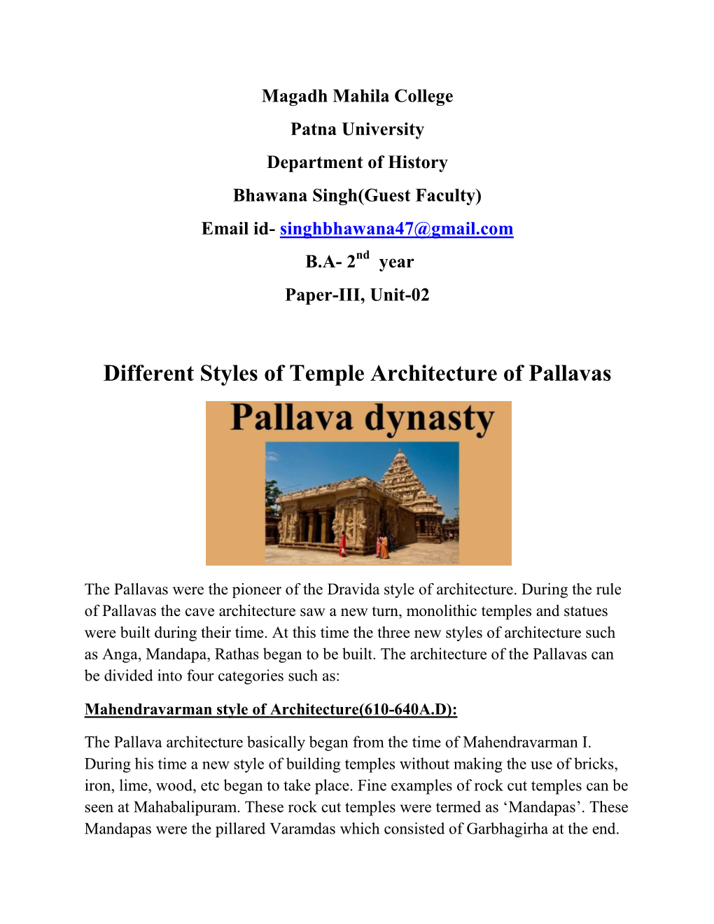 Different Styles of Temple Architecture of Pallavas