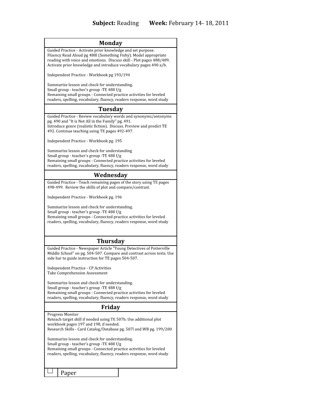 Subject: Reading Week: February 14- 18, 2011