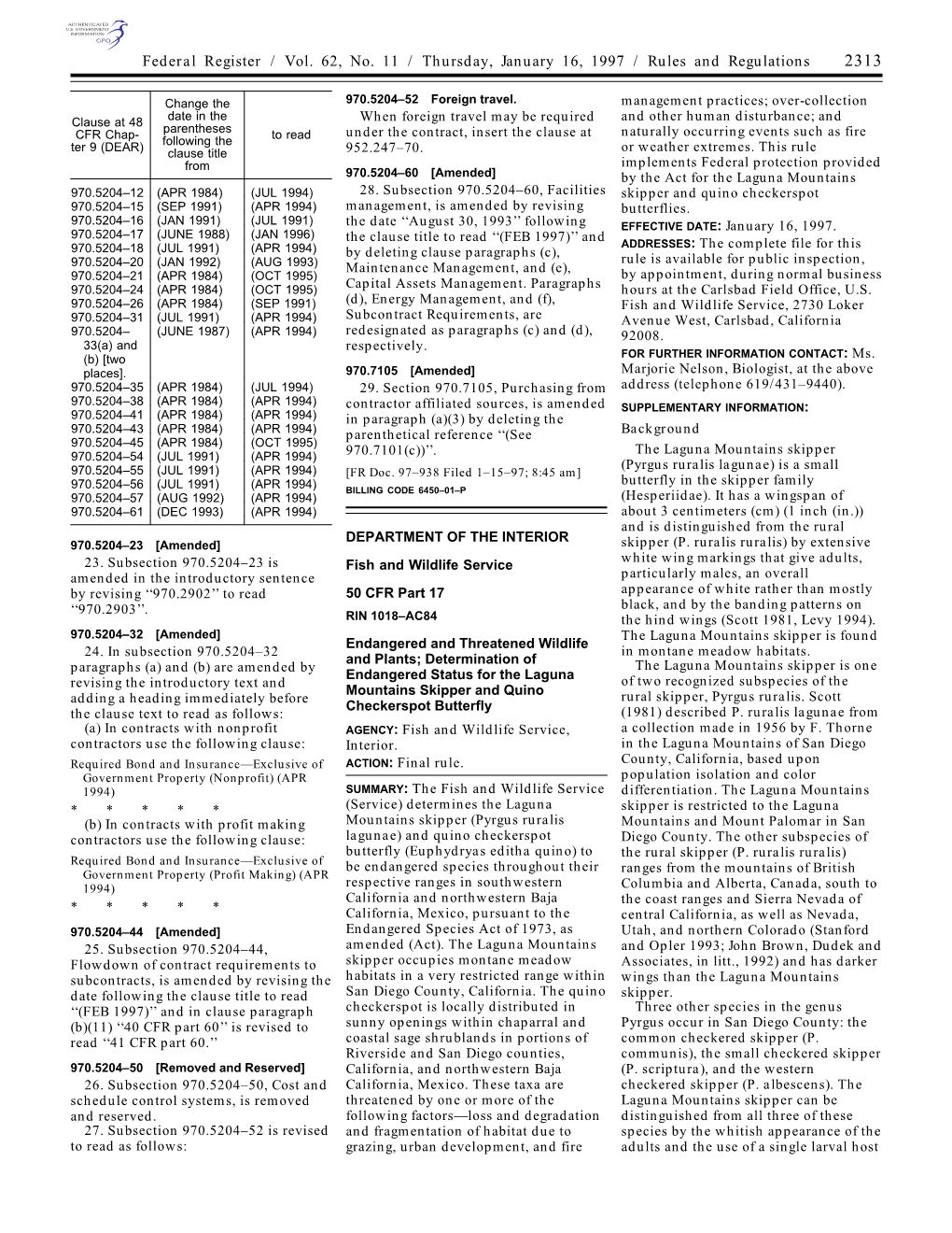 Federal Register / Vol. 62, No. 11 / Thursday, January 16, 1997 / Rules and Regulations 2313