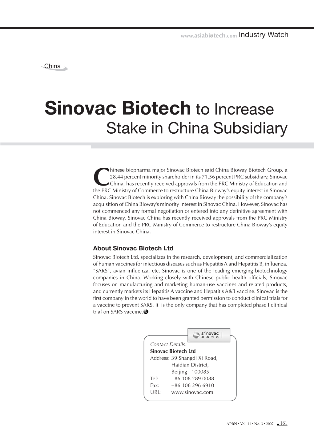 Sinovac Biotech to Increase Stake in China Subsidiary