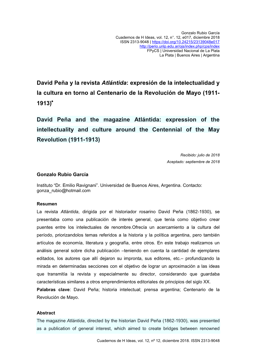 David Peña Y La Revista Atlántida: Expresión De La Intelectualidad Y La Cultura En Torno Al Centenario De La Revolución De Mayo (1911- 1913)