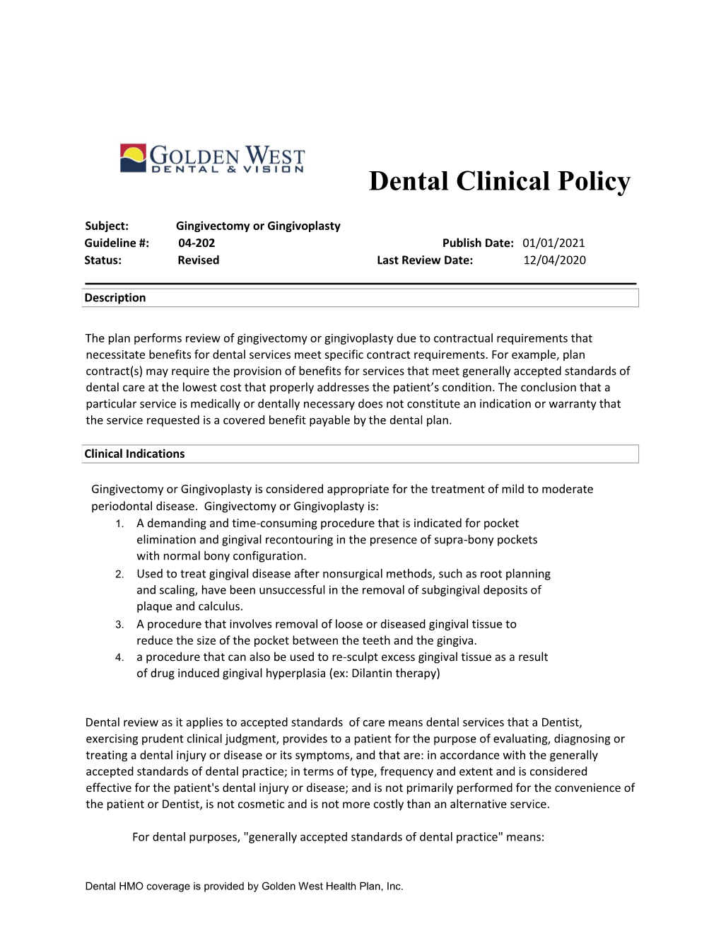 Dental Clinical Policy