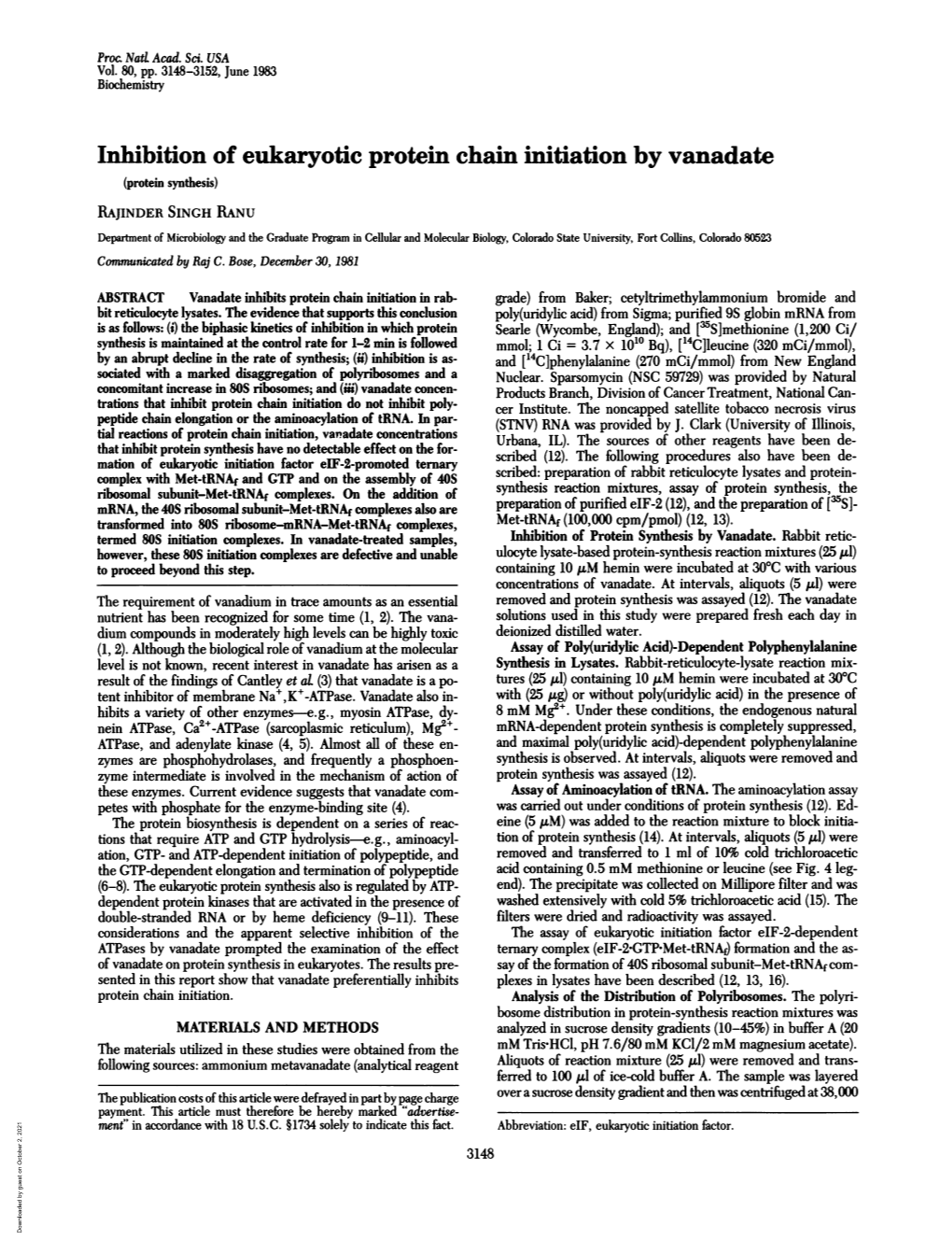 Inhibition of Eukaryotic Protein Chain Initiation by Vanadate