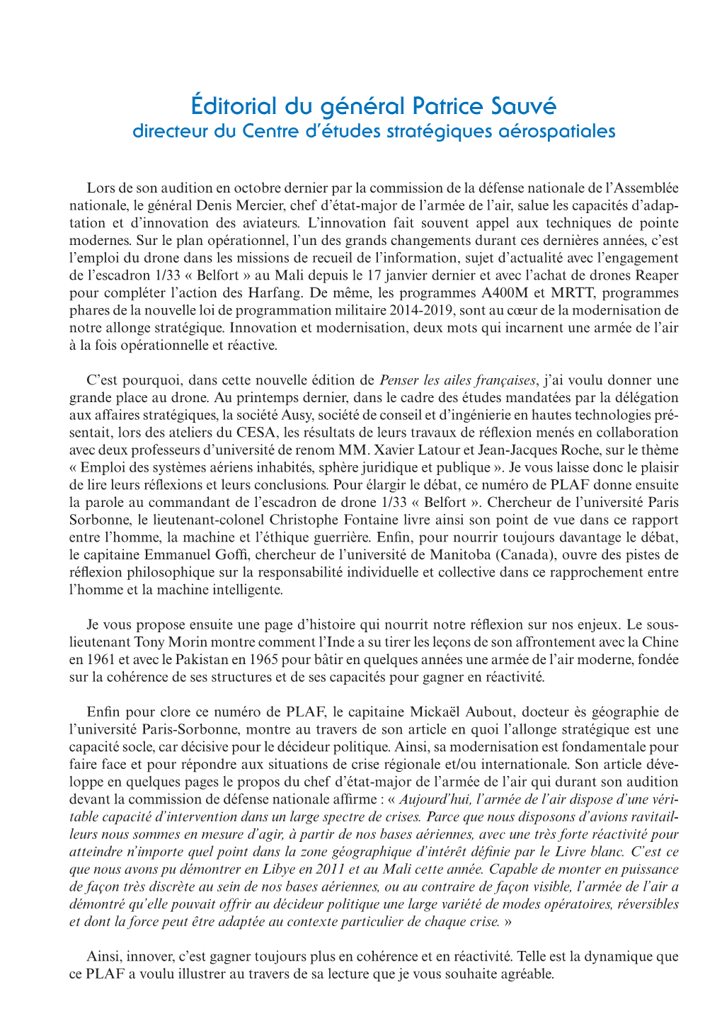 Éditorial Du Général Patrice Sauvé Directeur Du Centre D’Études Stratégiques Aérospatiales