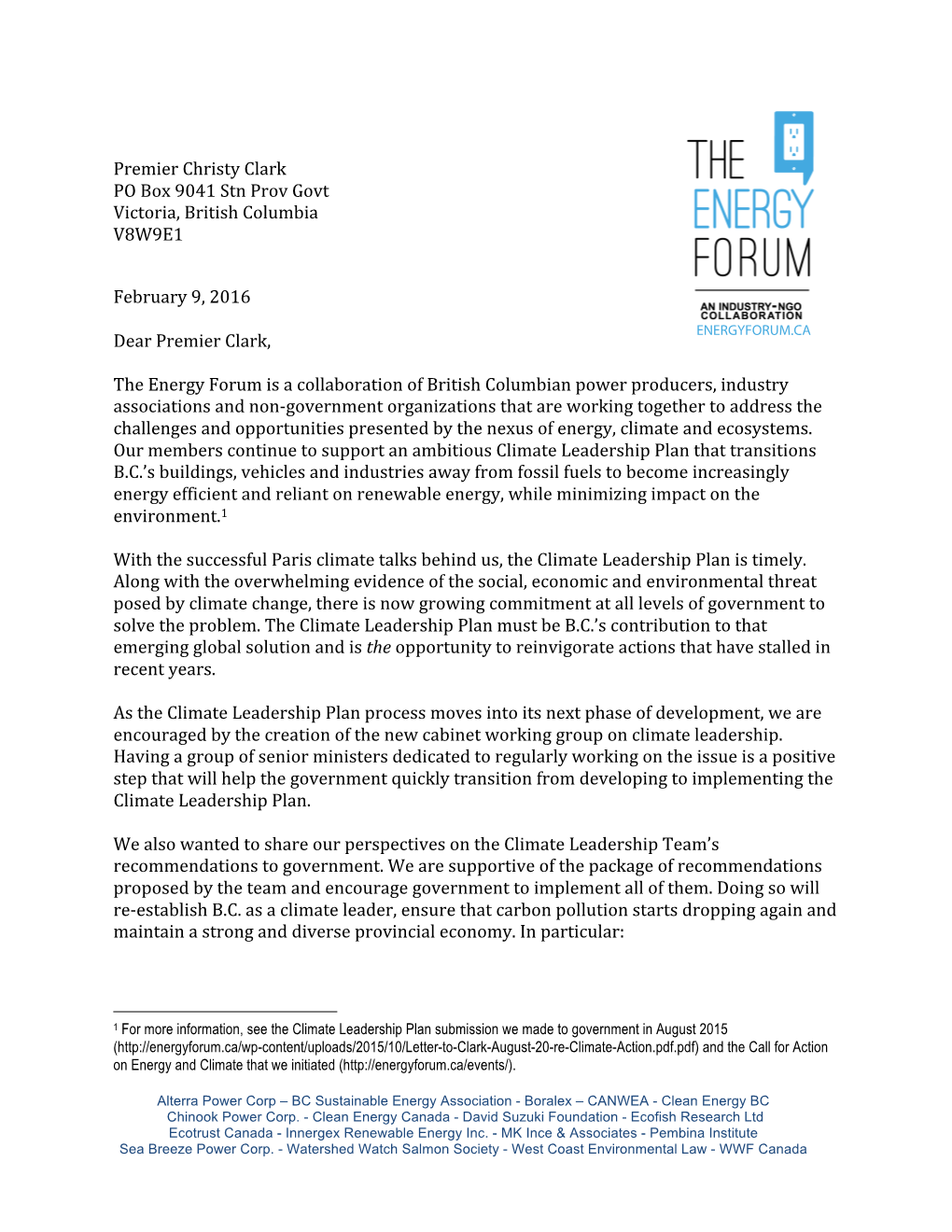 Energy Forum Letter Re CLT Recommendations