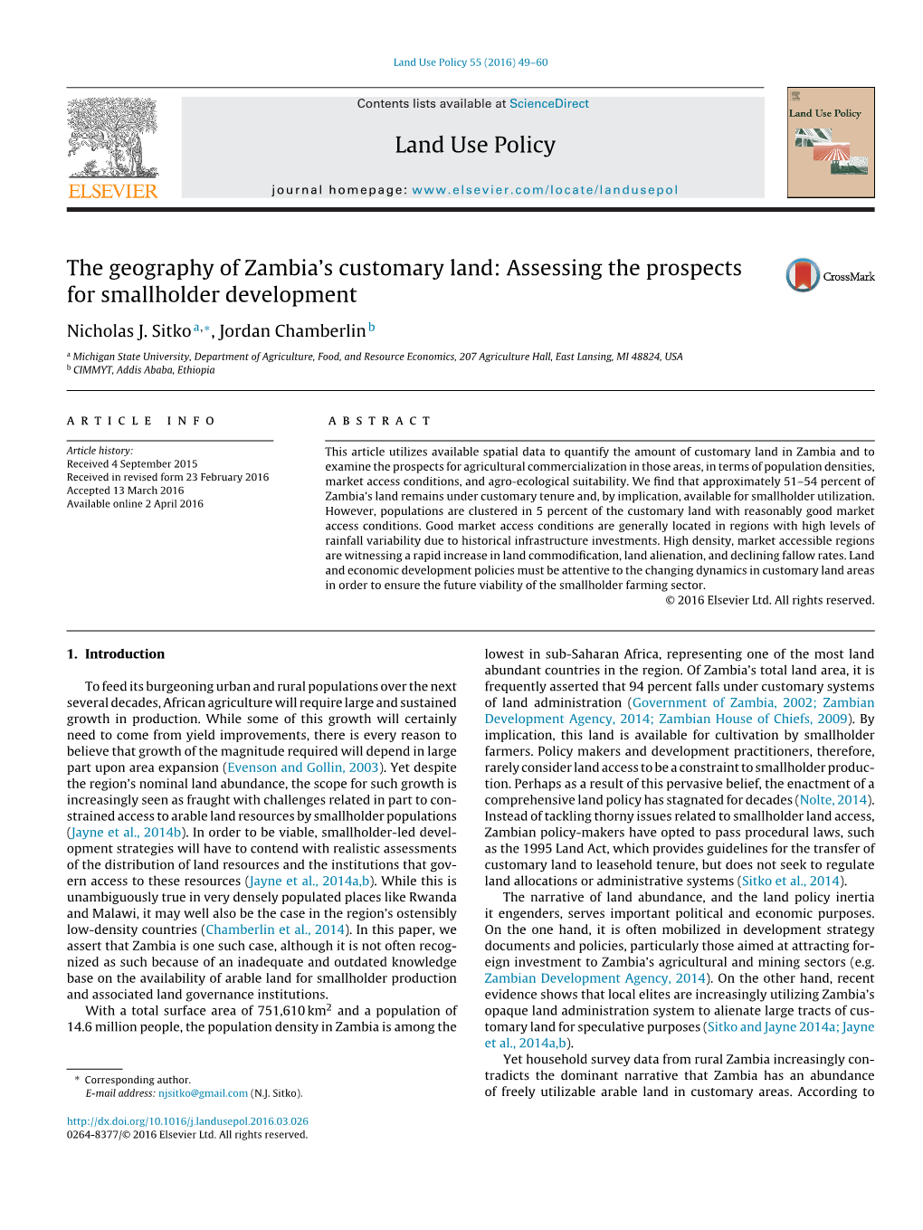 The Geography of Zambia's Customary Land: Assessing the Prospects for Smallholder Development