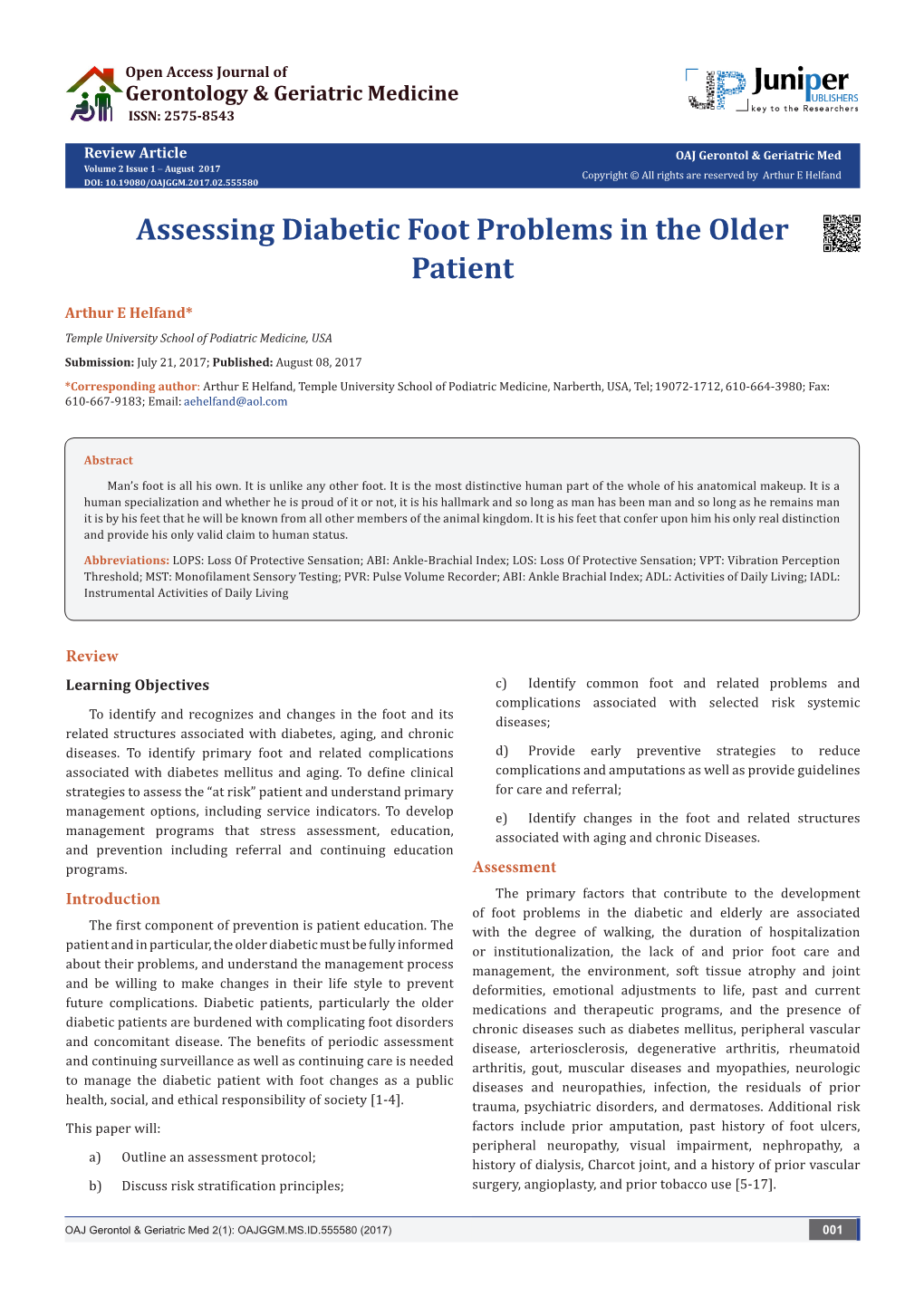 Assessing Diabetic Foot Problems in the Older Patient