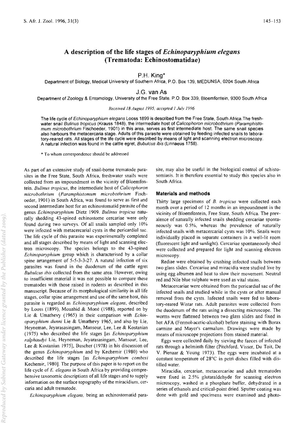 A Description of the Life Stages of Echinoparyphium Elegans (Trematoda: Echinostomatidae)