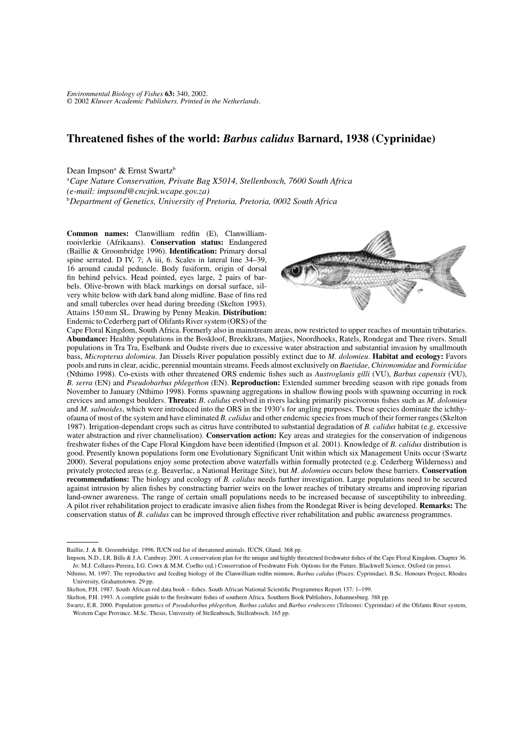 Threatened Fishes of the World: Barbus Calidus Barnard