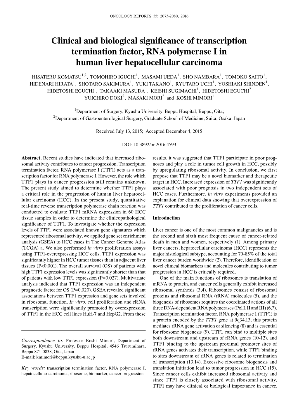 Clinical and Biological Significance of Transcription Termination Factor, RNA Polymerase I in Human Liver Hepatocellular Carcinoma