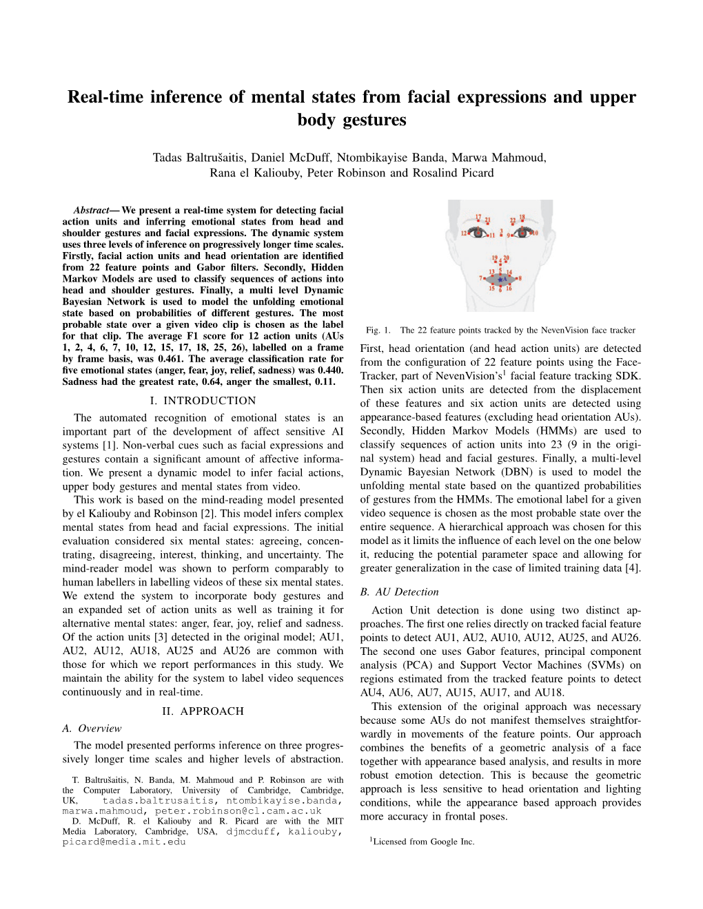 Real-Time Inference of Mental States from Facial Expressions and Upper Body Gestures