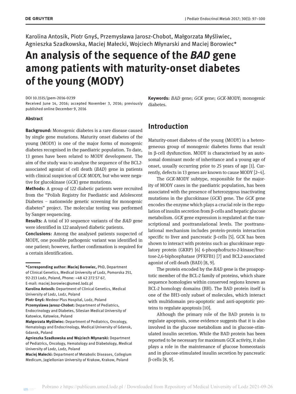 An Analysis of the Sequence of the BAD Gene Among Patients with Maturity-Onset Diabetes of the Young (MODY)