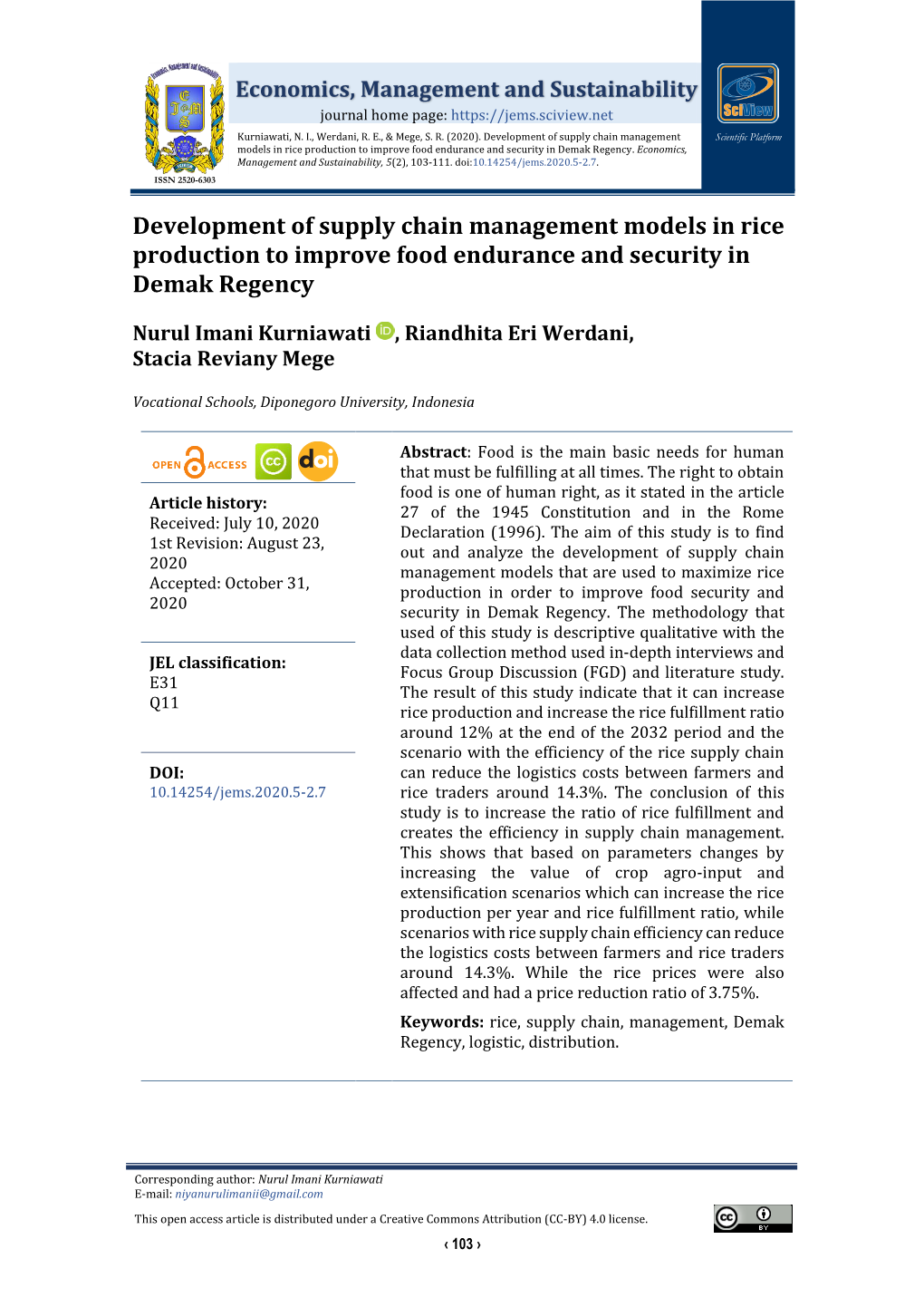 Development of Supply Chain Management Models in Rice Production to Improve Food Endurance and Security in Demak Regency