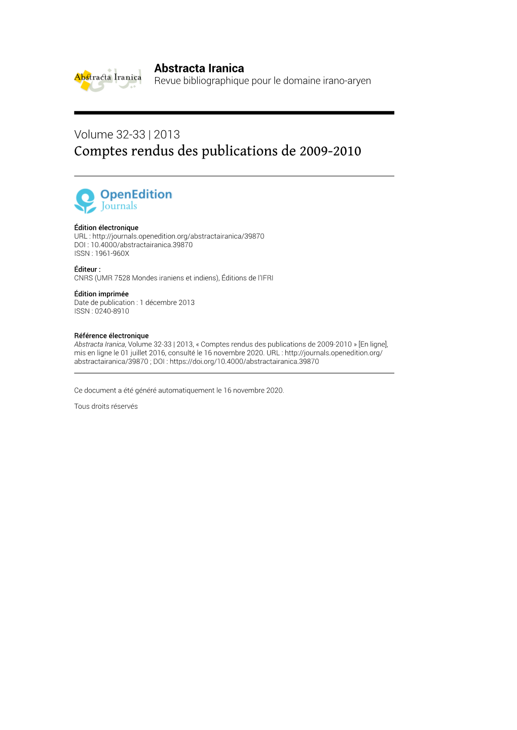 Abstracta Iranica, Volume 32-33 | 2013, « Comptes Rendus Des Publications De 2009-2010 » [En Ligne], Mis En Ligne Le 01 Juillet 2016, Consulté Le 16 Novembre 2020