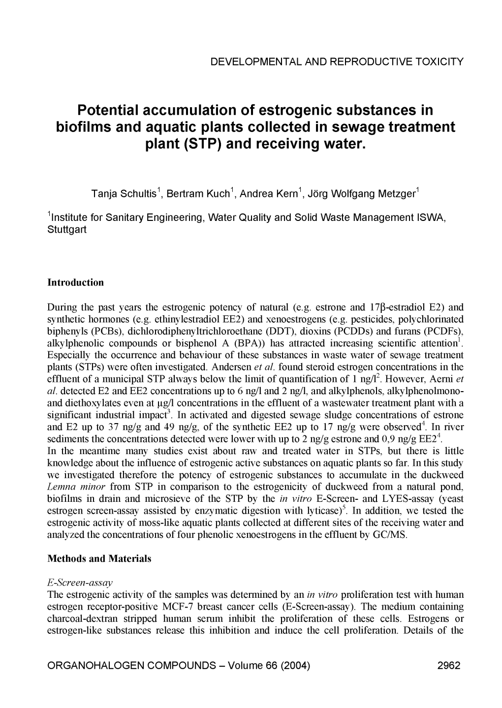 Potential Accumulation of Estrogenic Substances in Biofilms and Aquatic Plants Collected in Sewage Treatment Plant (STP) and Receiving Water