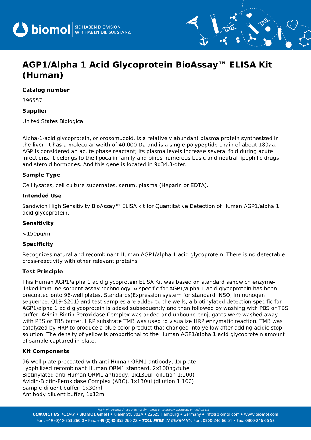 AGP1/Alpha 1 Acid Glycoprotein Bioassay™ ELISA Kit (Human)