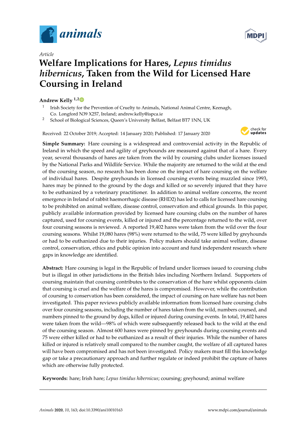 Welfare Implications for Hares, Lepus Timidus Hibernicus, Taken from the Wild for Licensed Hare Coursing in Ireland