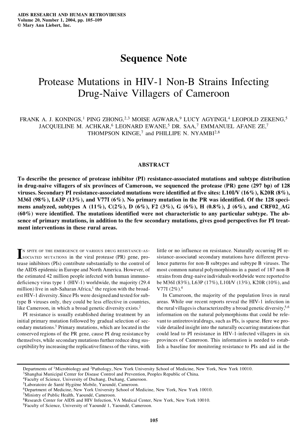 Protease Mutations in HIV-1 Non-B Strains Infecting Drug-Naive Villagers of Cameroon