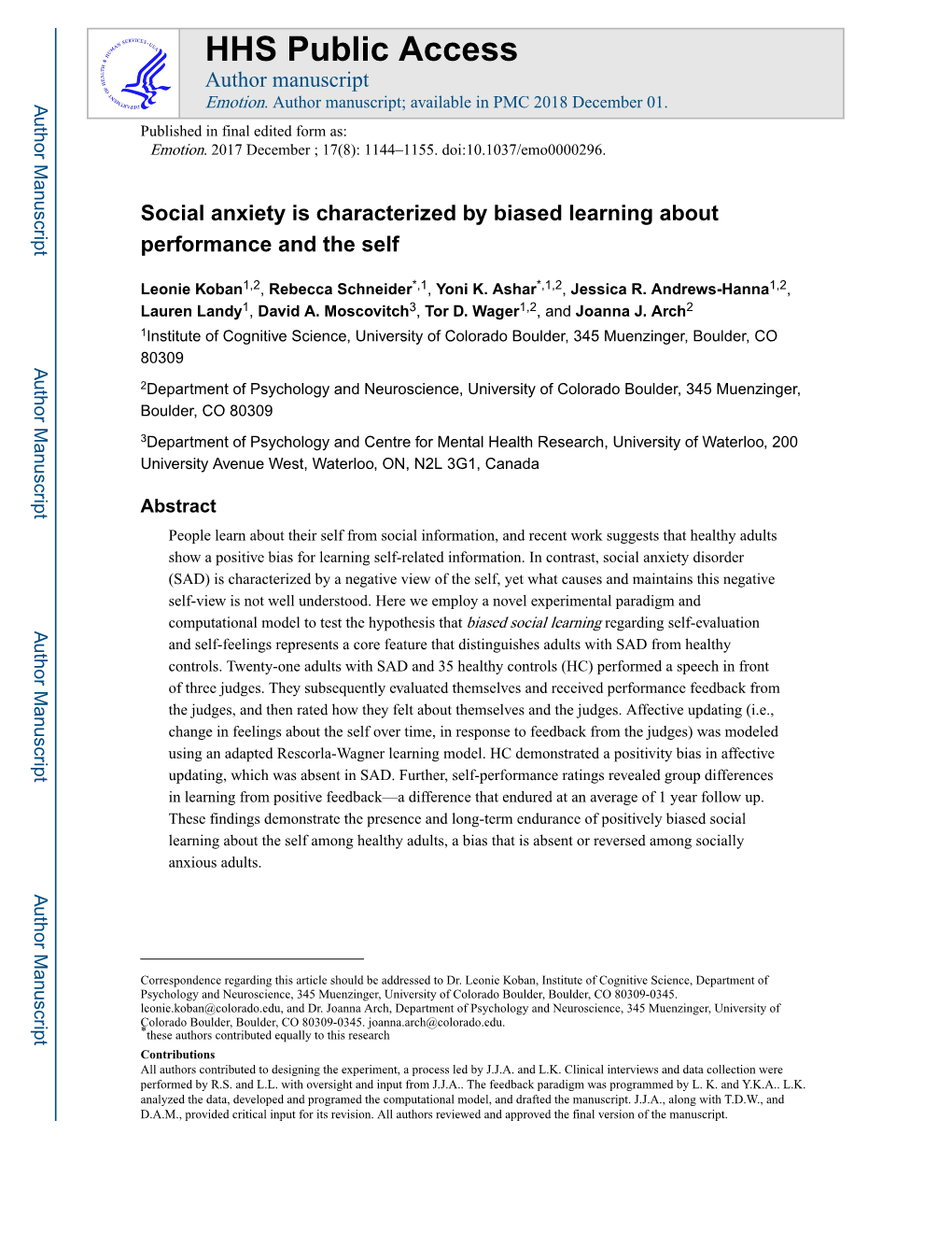 Social Anxiety Is Characterized by Biased Learning About Performance and the Self