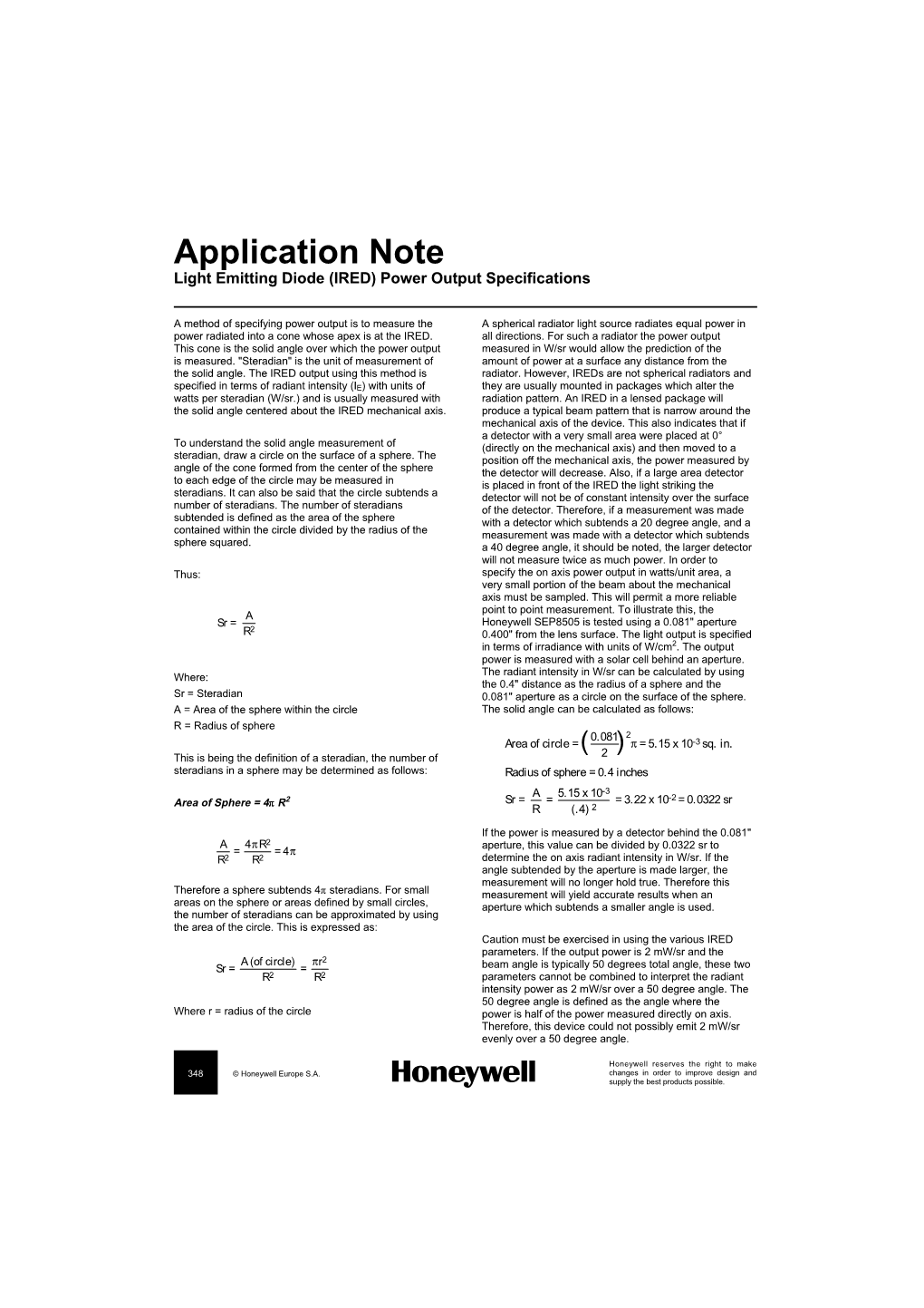 Application Note Light Emitting Diode (IRED) Power Output Specifications