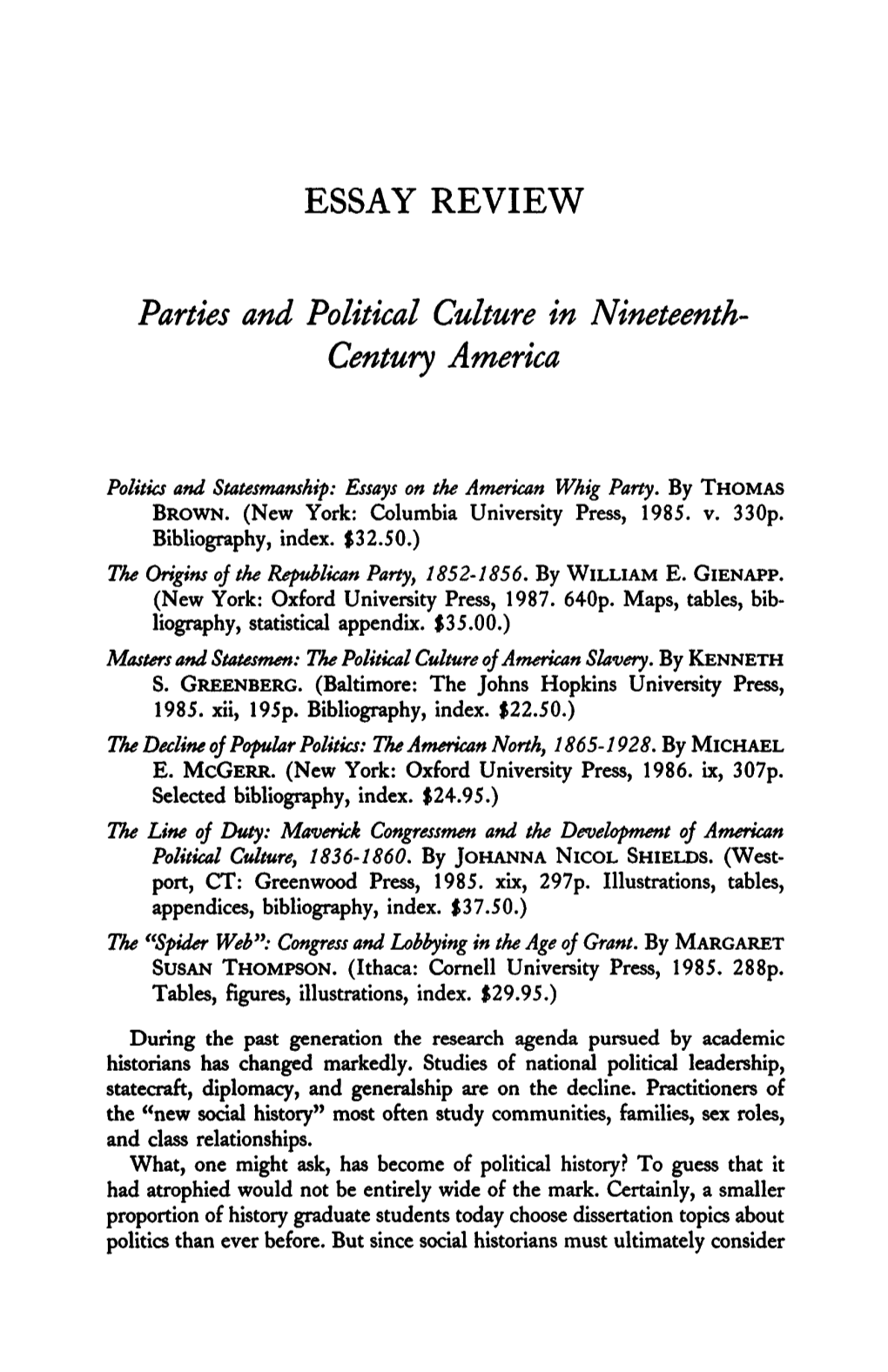 ESSAY REVIEW Parties and Political Culture in Nineteenth- Century