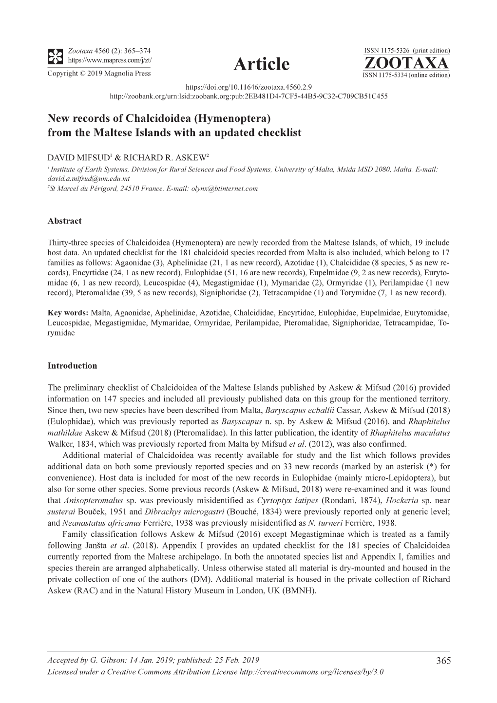 New Records of Chalcidoidea (Hymenoptera) from the Maltese Islands with an Updated Checklist