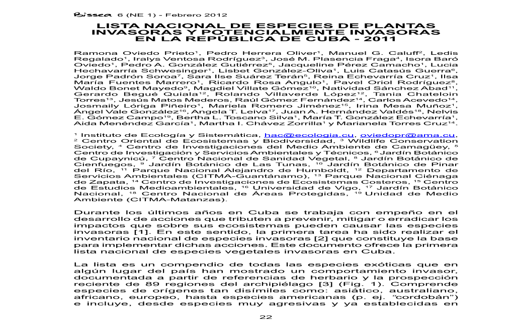 Lista Nacional De Especies De Plantas Invasoras Y Potencialmente Invasoras En La República De Cuba - 2011