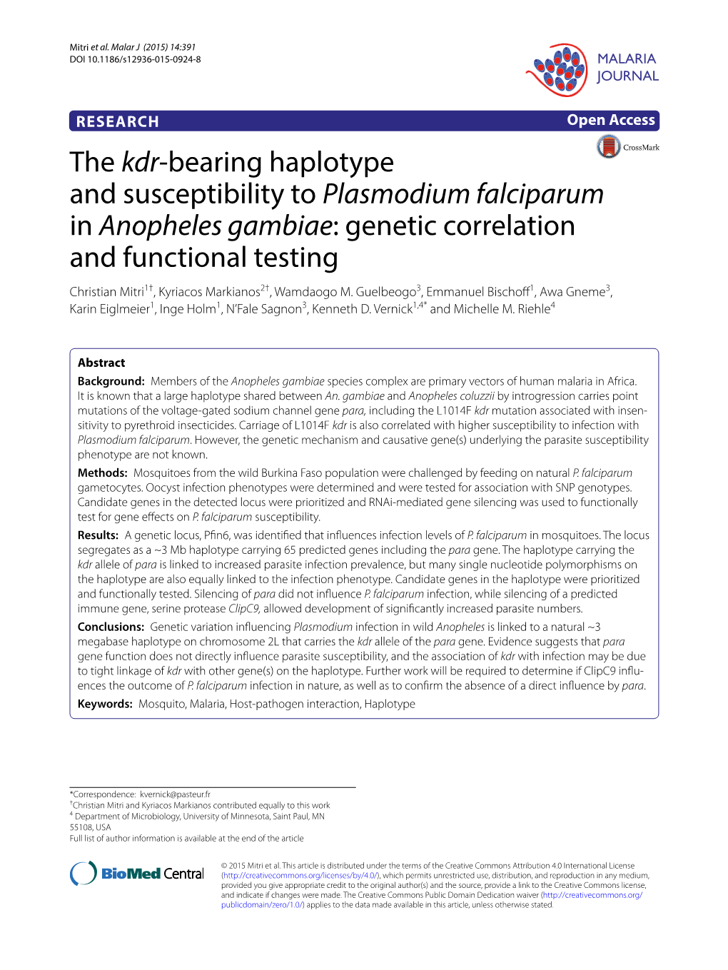 The Kdr-Bearing Haplotype and Susceptibility to Plasmodium Falciparum in Anopheles Gambiae: Genetic Correlation and Functional T