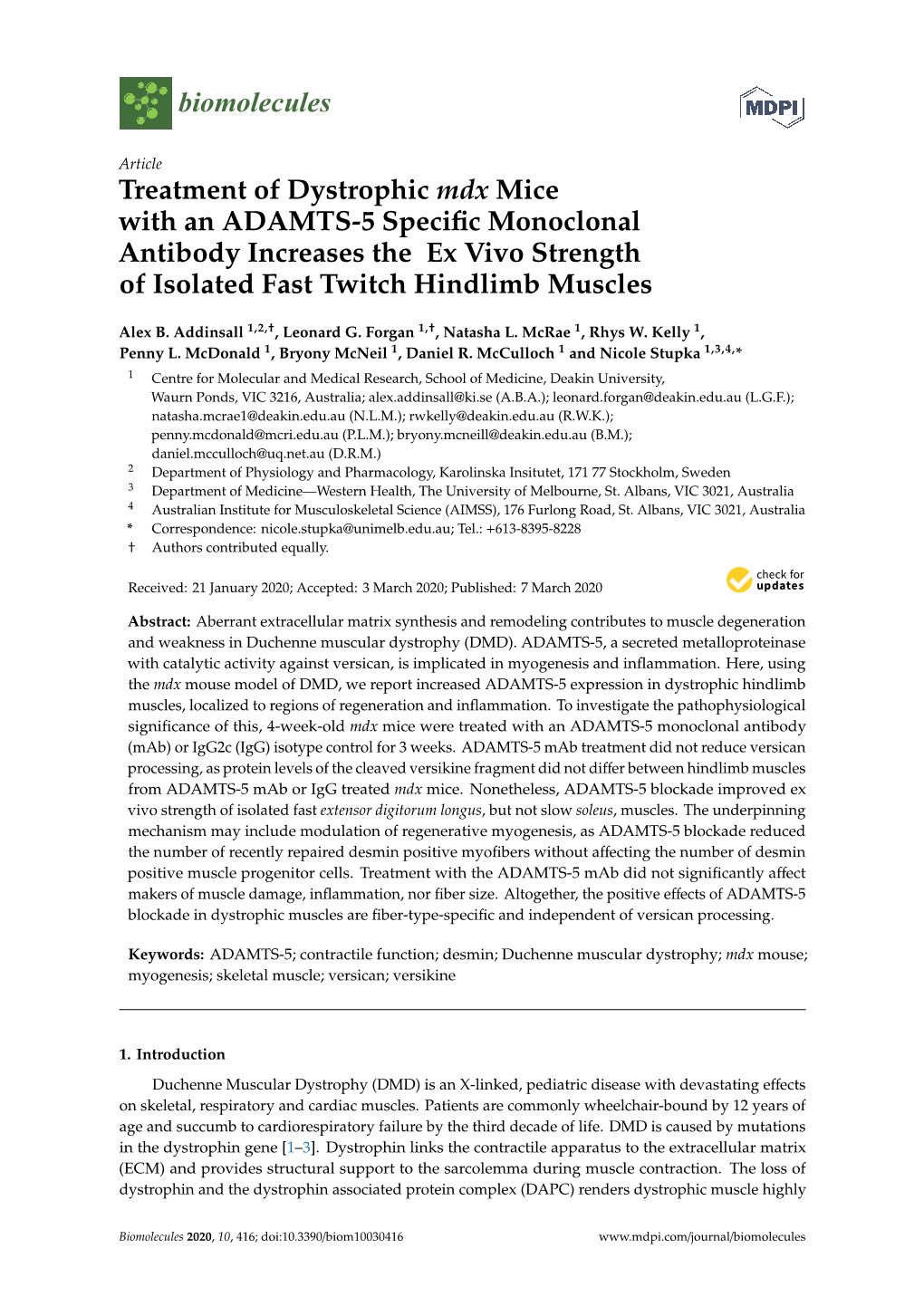 Treatment of Dystrophic Mdx Mice with an ADAMTS-5 Specific