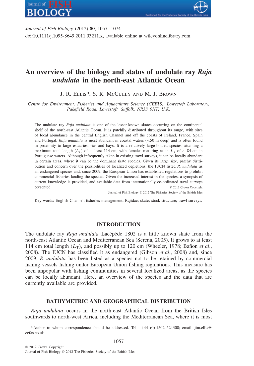 An Overview of the Biology and Status of Undulate Ray Raja Undulata in the North-East Atlantic Ocean