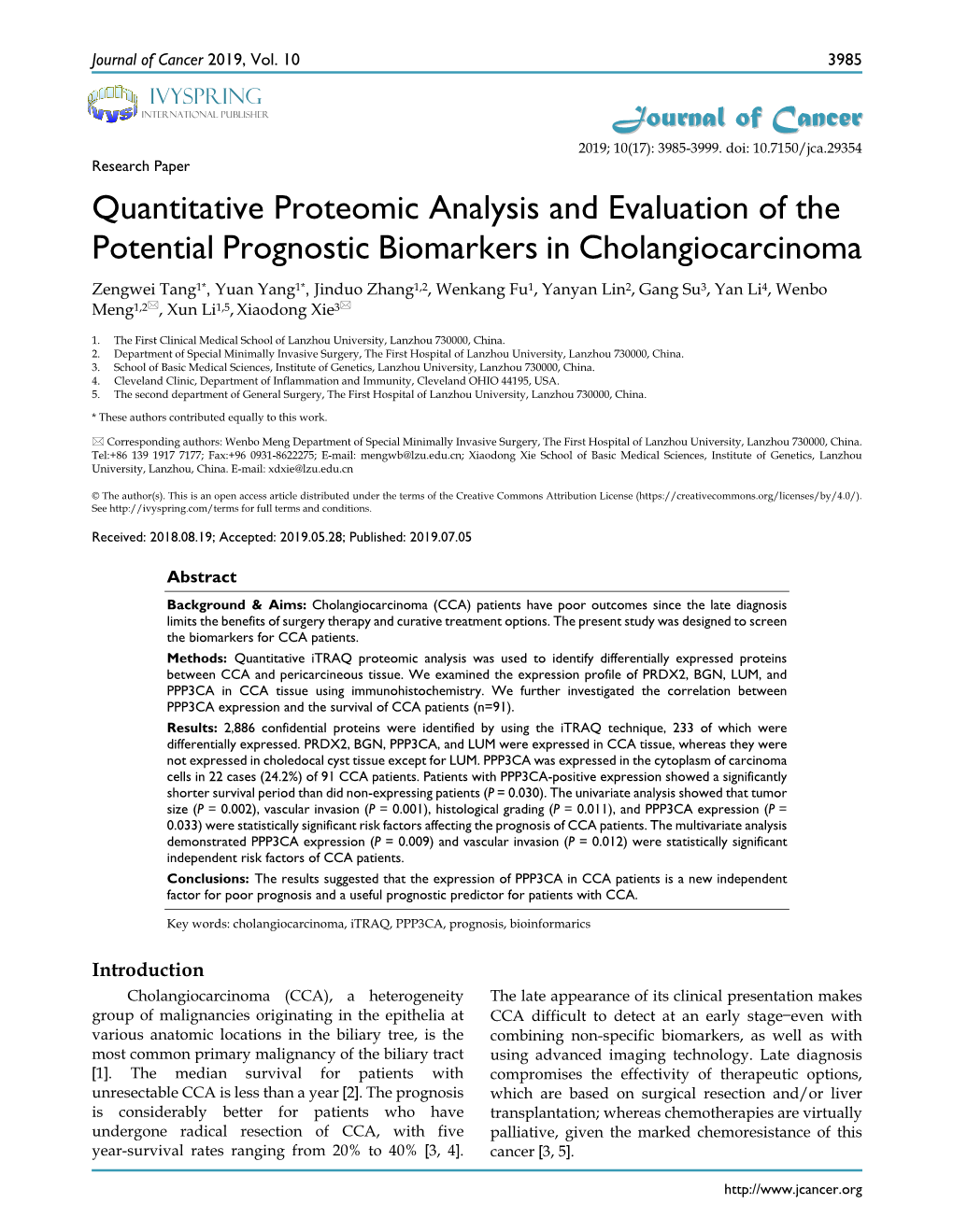 Quantitative Proteomic Analysis and Evaluation of the Potential Prognostic Biomarkers in Cholangiocarcinoma