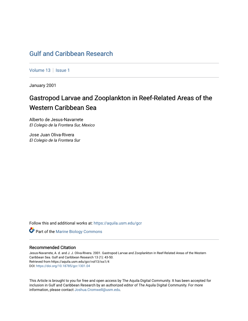 Gastropod Larvae and Zooplankton in Reef-Related Areas of the Western Caribbean Sea