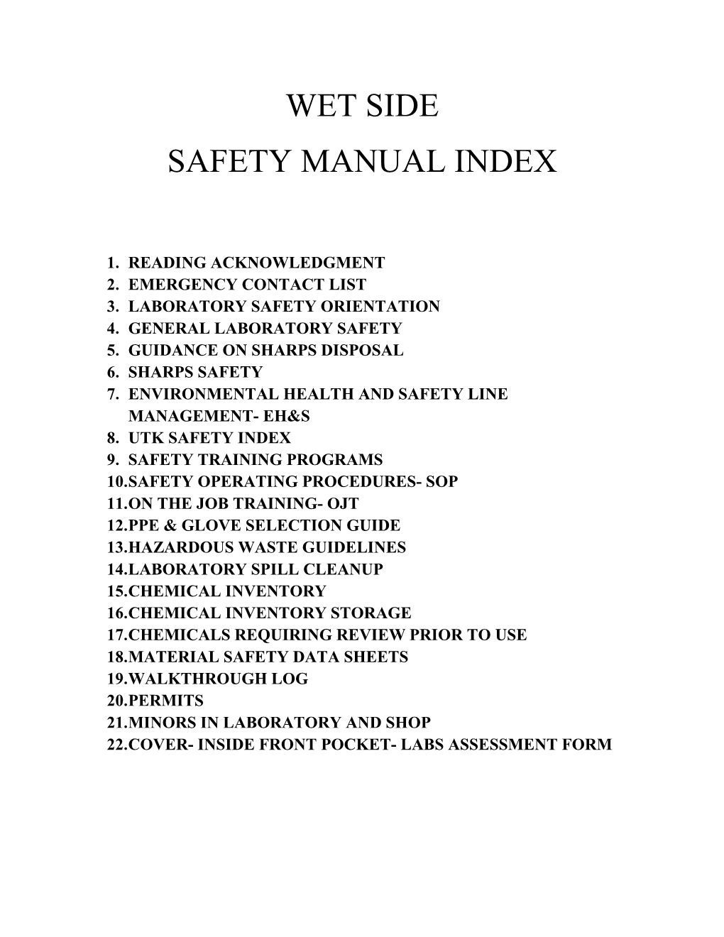 Wet Side Safety Manual Index