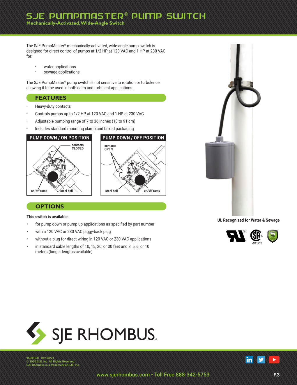 SJE PUMPMASTER® PUMP SWITCH Mechanically-Activated, Wide-Angle Switch