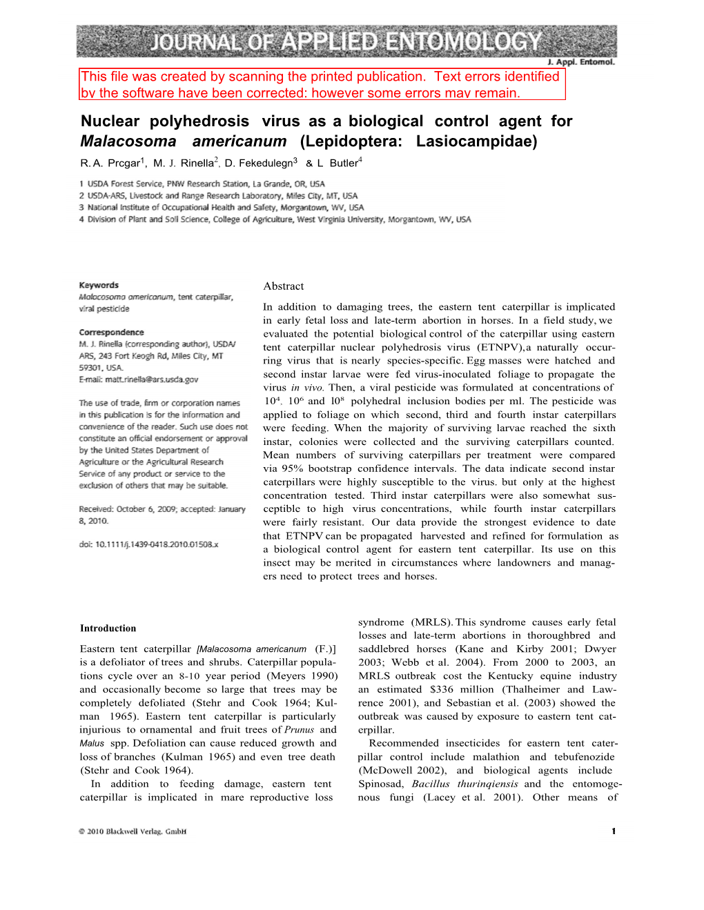 Nuclear Polyhedrosis Virus As a Biological Control Agent for Malacosoma Americanum (Lepidoptera: Lasiocampidae) 2 4 R