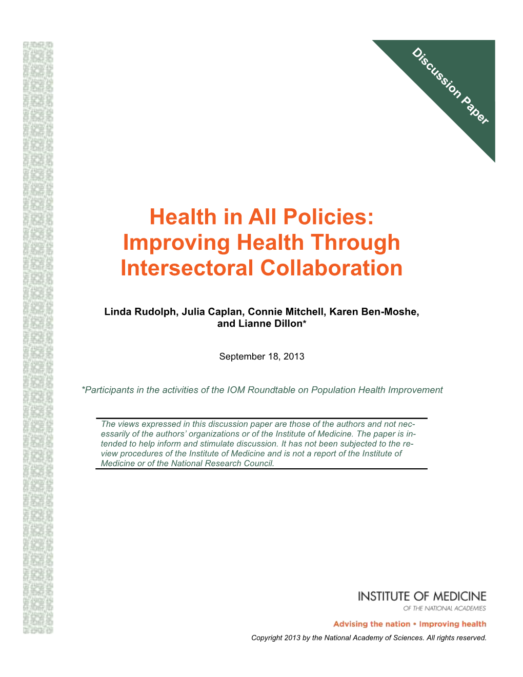 Health in All Policies: Improving Health Through Intersectoral Collaboration