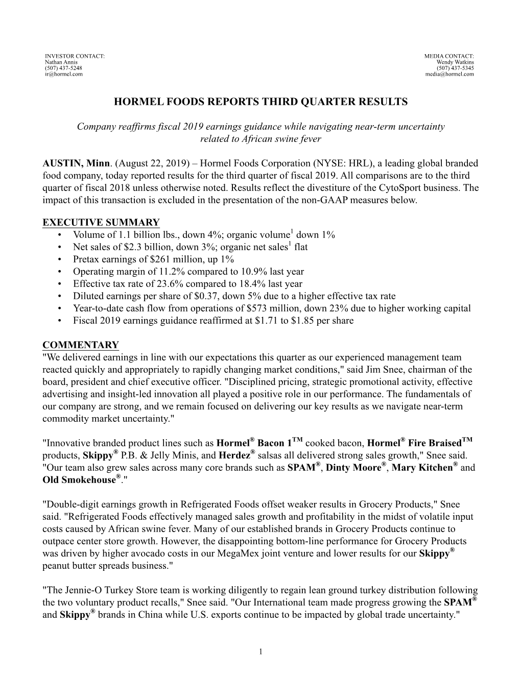 Hormel Earnings Release Q3 2019