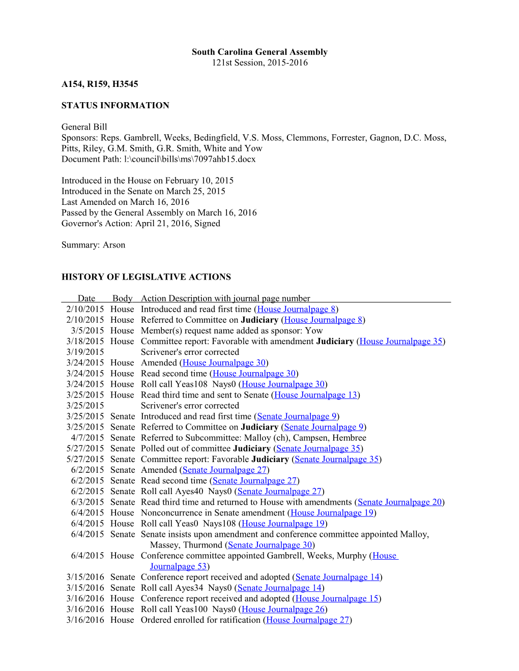 2015-2016 Bill 3545: Arson - South Carolina Legislature Online