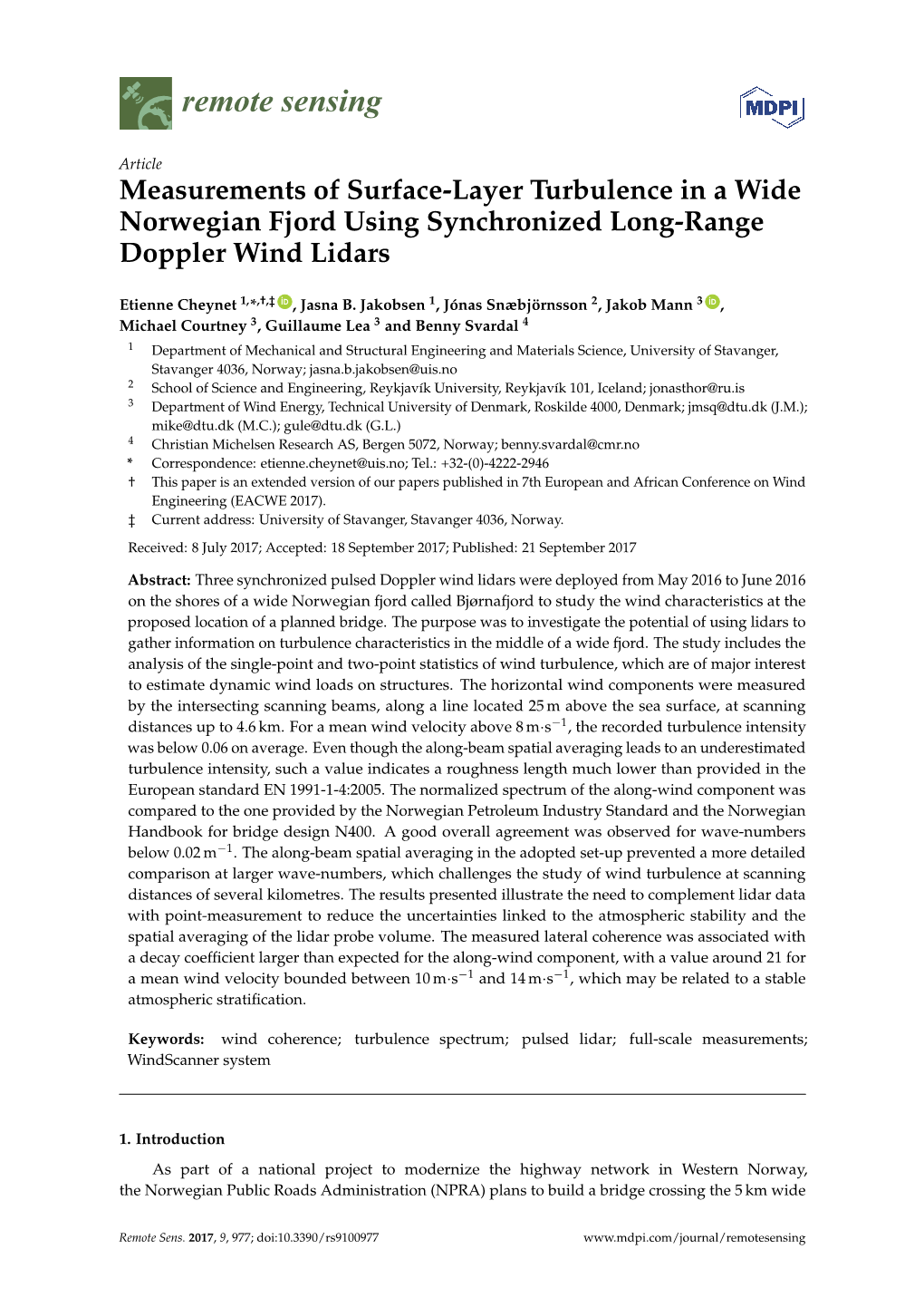 Measurements of Surface-Layer Turbulence in a Wide Norwegian Fjord Using Synchronized Long-Range Doppler Wind Lidars