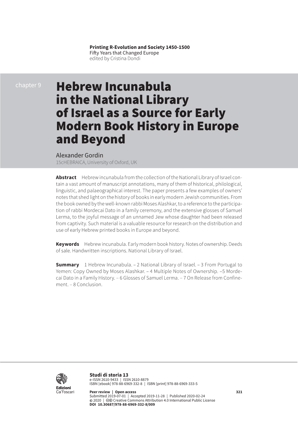Hebrew Incunabula in the National Library of Israel As a Source For