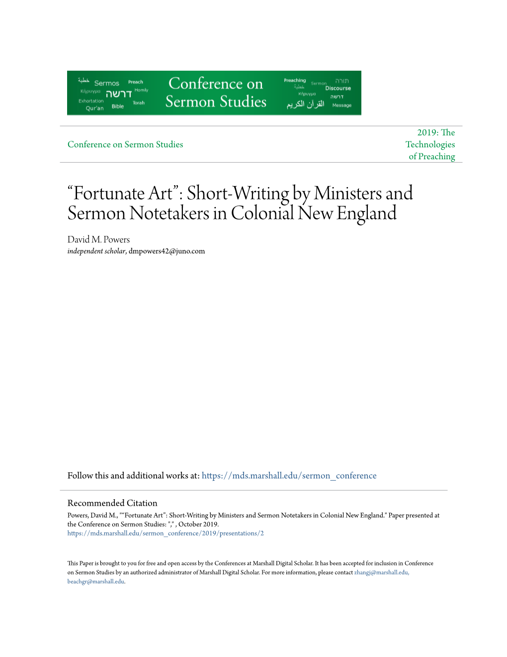 Short-Writing by Ministers and Sermon Notetakers in Colonial New England David M