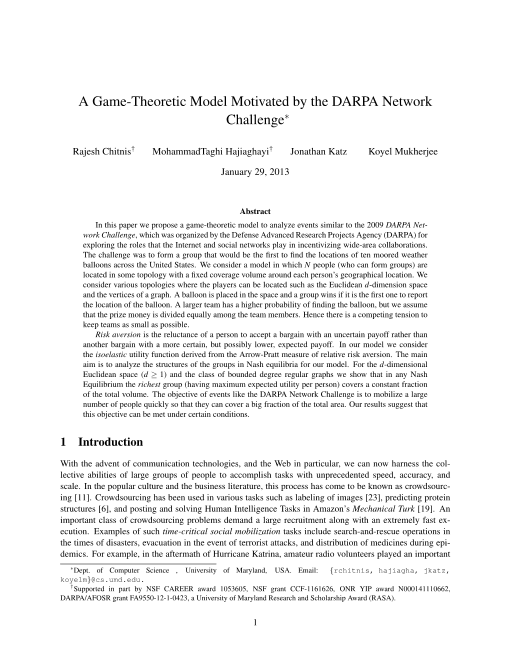 A Game-Theoretic Model Motivated by the DARPA Network Challenge∗