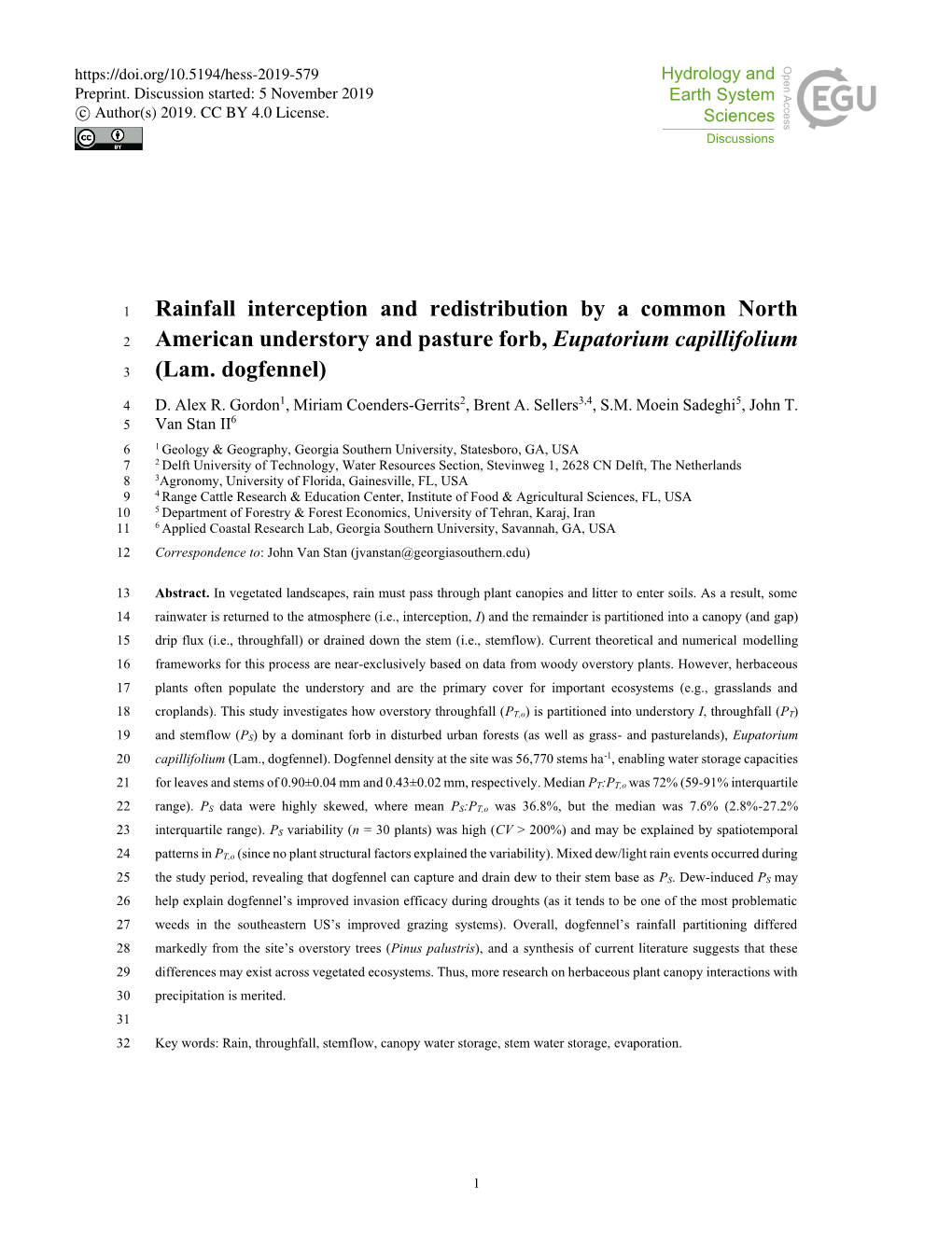 Rainfall Interception and Redistribution by a Common North 2 American Understory and Pasture Forb, Eupatorium Capillifolium 3 (Lam