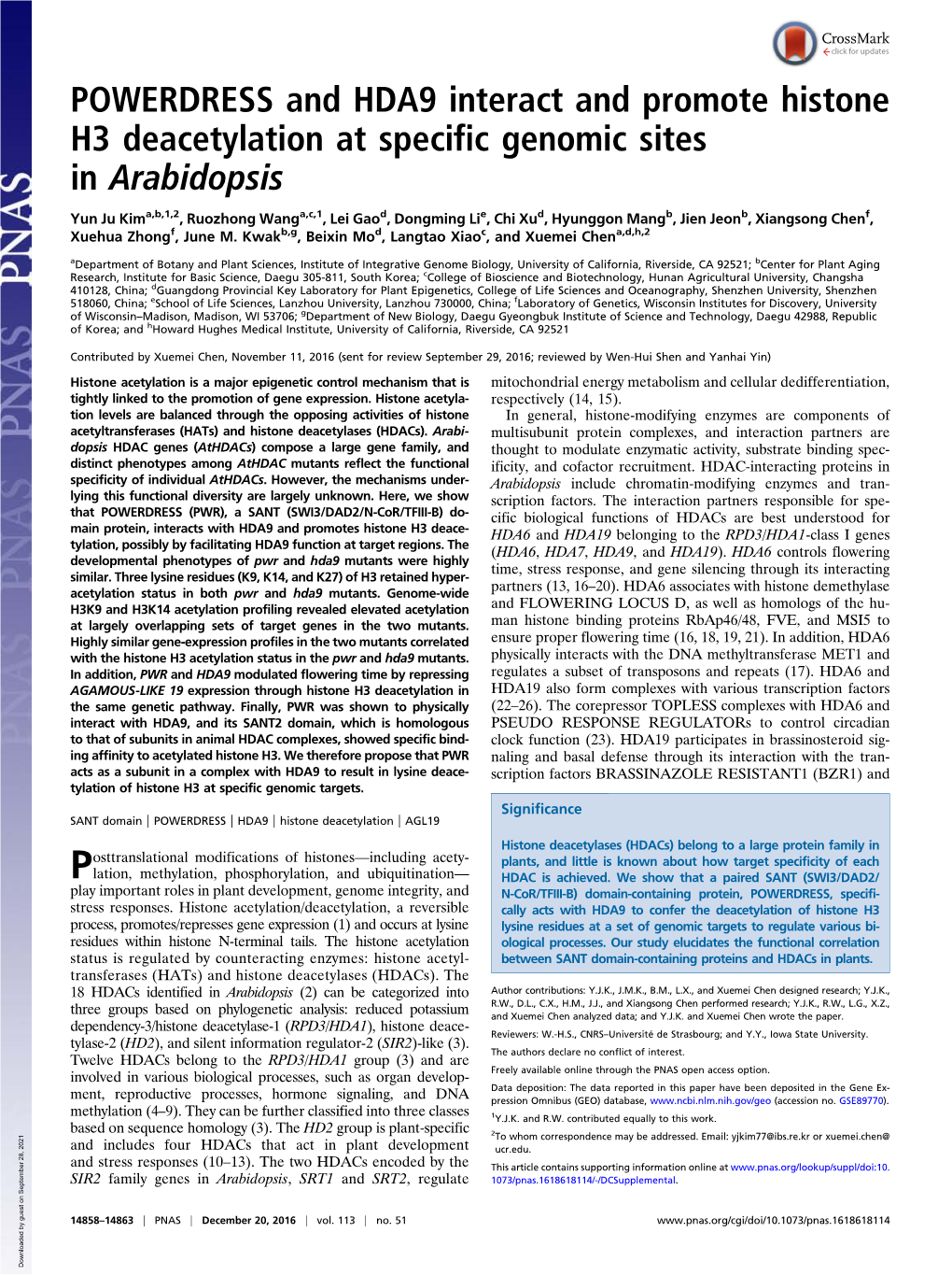 POWERDRESS and HDA9 Interact and Promote Histone H3 Deacetylation at Specific Genomic Sites in Arabidopsis