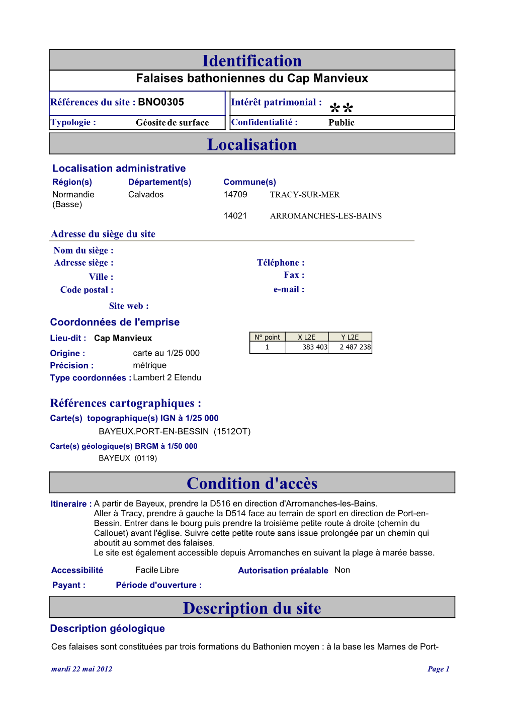 Localisation Condition D'accès Description Du Site Identification