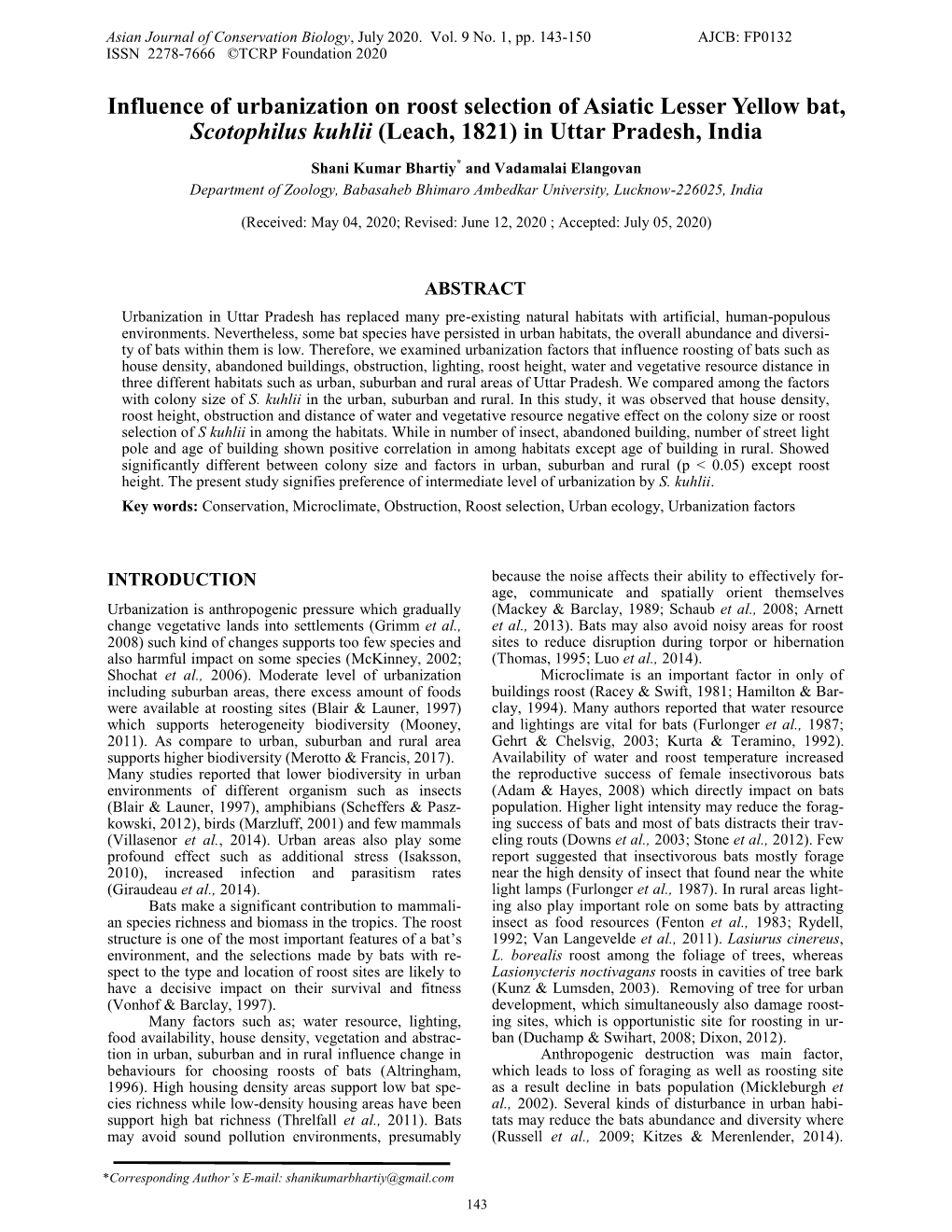 Influence of Urbanization on Roost Selection of Asiatic Lesser Yellow Bat, Scotophilus Kuhlii (Leach, 1821) in Uttar Pradesh, India