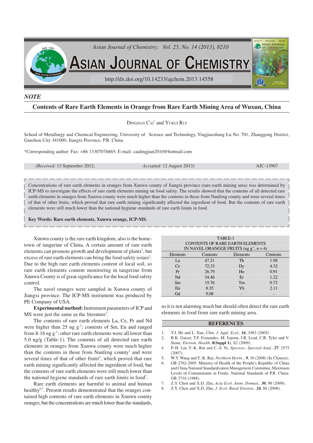 NOTE Contents of Rare Earth Elements in Orange from Rare Earth Mining Area of Wuxun, China