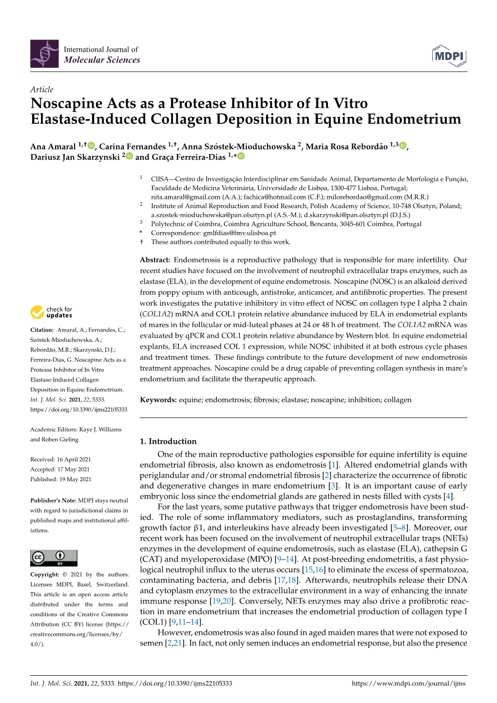 Noscapine Acts As a Protease Inhibitor of in Vitro Elastase-Induced Collagen Deposition in Equine Endometrium